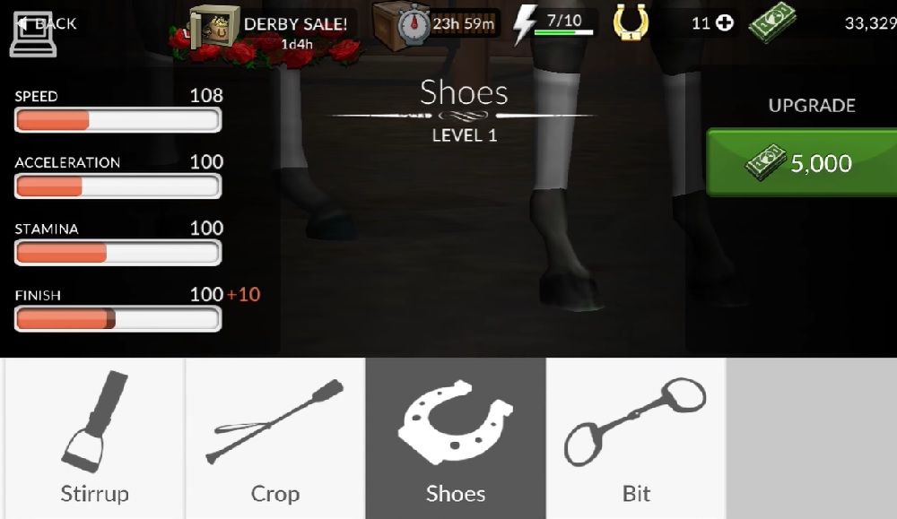 Nâng cấp và gắn thêm các trang bị cho chú ngựa của mình trong Photo Finish Horse Racing MOD APK