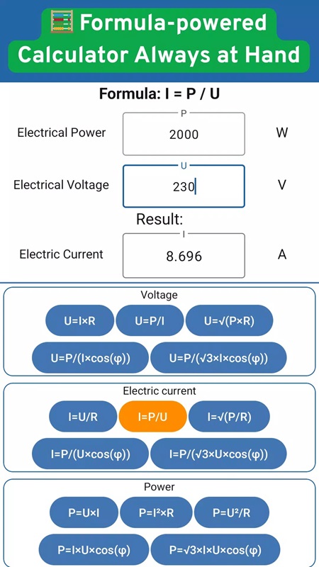 Nhiều công thức có thể áp dụng để tính các thông số quan trọng trong Electrician Handbook & Wiring MOD APK