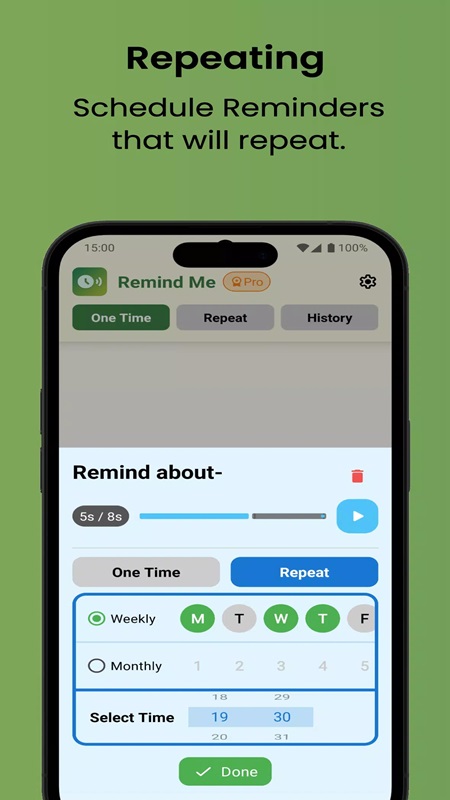 Tùy chỉnh thời gian nhận lời nhắc hàng ngày, hàng tháng trong Remind Me MOD APK