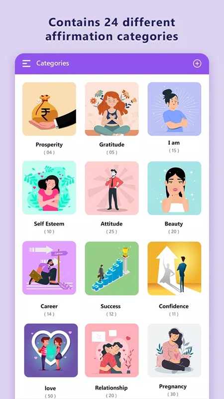 Đa dạng chủ đề khẳng định cho bạn lựa chọn trong Positivity MOD APK