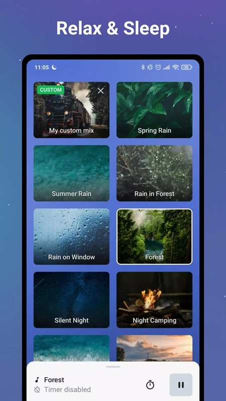 Lựa chọn âm thanh thư giãn phù hợp với tâm trạng trong Sleep Sounds White Noise MOD APK