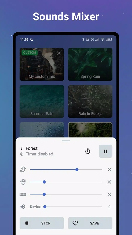 Điều chỉnh âm lượng của âm thanh và tiếng ồn theo mong muốn trong Sleep Sounds White Noise MOD APK