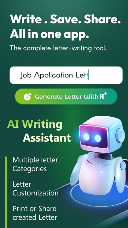 Tạo các bức thư hoàn chỉnh bằng AI trong AI Letter Writing Templates MOD APK