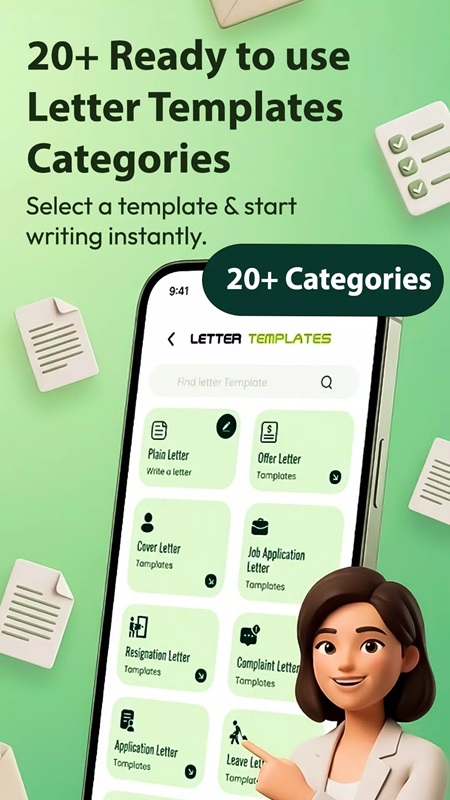 Hơn 20 mẫu thư với nhiều mục đích khác nhau cho bạn lựa chọn trong AI Letter Writing Templates MOD APK