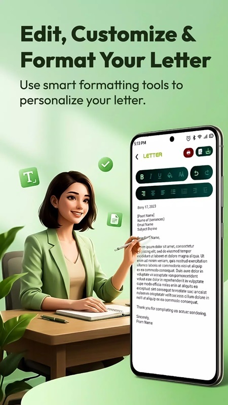 Thực hiện chỉnh sửa lại phông chữ, kích thước, căn lề thư trong AI Letter Writing Templates MOD APK