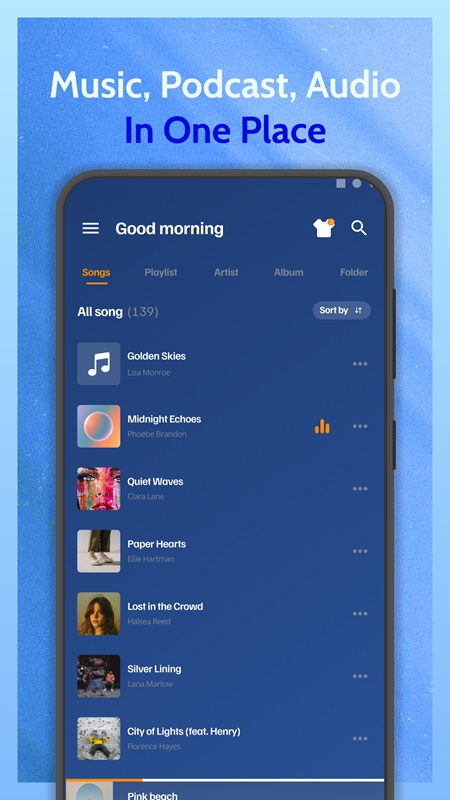 Dễ dàng quản lý và tìm kiếm bài hát theo danh mục trong Muzee MOD APK