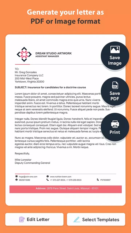 Lưu, tin và chia sẻ các bức thư dưới dạng PDF trong Professional Letterhead Maker MOD APK