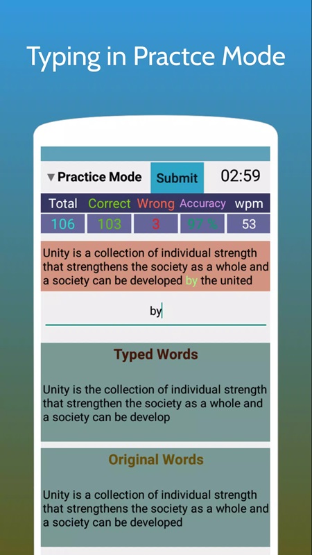 Thực hiên so sánh nội dung trước và sau khi gõ trongTyping Test App for Exams MOD APK