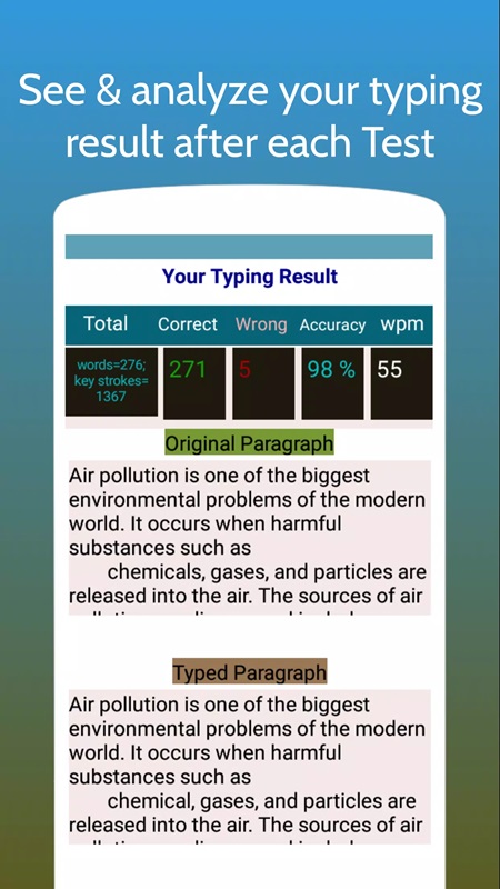 Theo dõi các chỉ số thông báo kết quả sao một lần gõ trong Typing Test App for Exams MOD APK