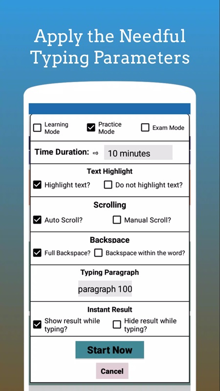 Thiết lập các thông số, cỡ chữ, bàn phím gõ phù hợp trong Typing Test App for Exams MOD APK