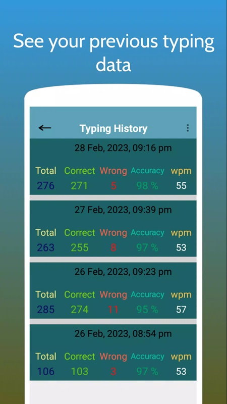 Xem lại lịch sử cho của bạn với thời gian gần nhất trong Typing Test App for Exams MOD APK