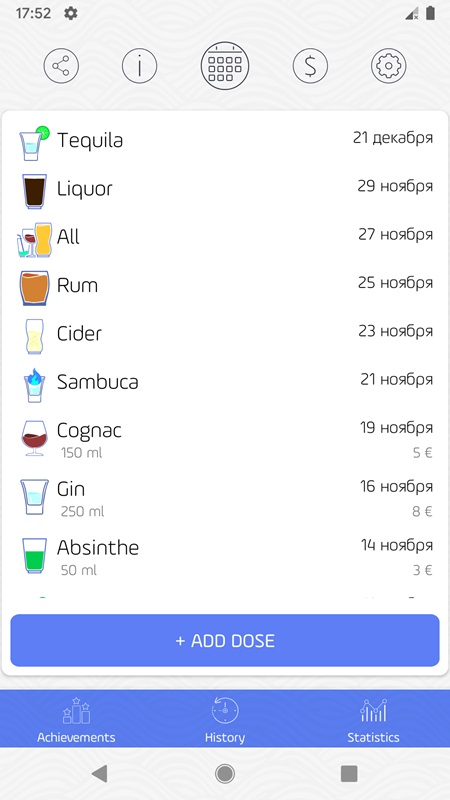 Quản lý lịch sử các loại đồ uống đã sử dụng trong Alcogram MOD APK