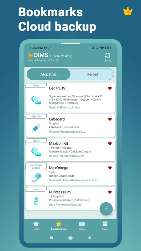 Đồng bộ hóa và thêm các loại thuốc quan trong vào danh sách yêu thích trong DIMS MOD APK